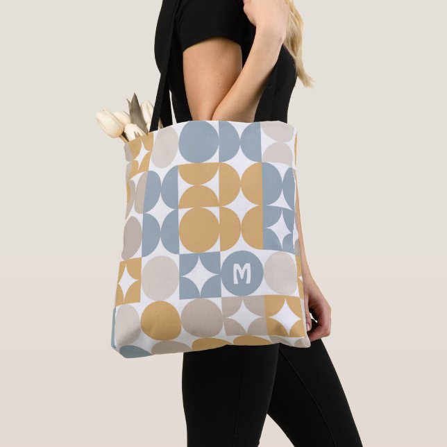 Custom Mustard Taupe Grau Blue Retro Art Muster Tasche (Von Nahem)