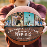 Custom MVP Player Number Foto Collage Woodgrain Basketball<br><div class="desc">Einzigartiger, personalisierter Basketball-Sake für den Basketball-MVP, um das Ende der Saison zu feiern. Unser Design besteht aus 4 Foto Collage mit einem Imitat rustikalen Holz Hintergrund. Anpassen mit dem Namen der Schule oder des Teams, dem Jahr, dem Namen und der Jersey-Nummer. Design von Moodthology Papery. Das perfekte Geschenk für Ihre...</div>