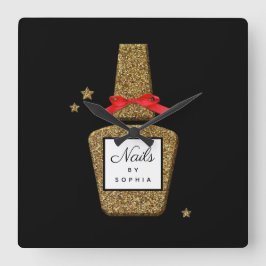 CUSTOM NAIL Salon Golden Glitzer Stylist Quadratische Wanduhr