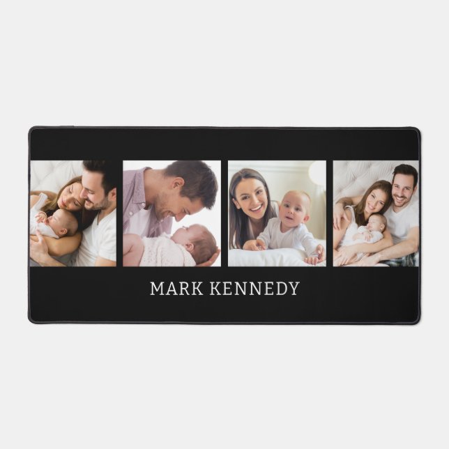 Custom Name 4 Photo Collage Personalized Black Schreibtischunterlage (Vorderseite)