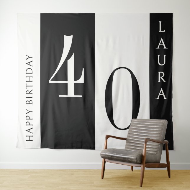 Custom Name & Age Banner, Black and White Birthday Wandteppich (Beispiel (Horizontal))