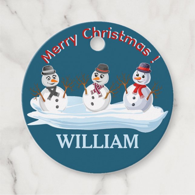 Custom name and text Merry Christmas snowmen Geschenkanhänger (Vorderseite)