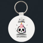 Custom Name Birthday Schlüsselanhänger<br><div class="desc">Celebrate with a twist! This unique birthday design blends the edgy pastel goth aesthetic with a touch of sweetness. Featuring a cute, rosy-cheeked skull topped with a melting pink birthday candle, it’s the perfect statement piece for those who love alternative styles. The bold "Happy Birthday" script and minimalist confetti accents...</div>
