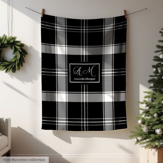 Custom Name Black White Buffalo Plaid Men's Gift Fleecedecke (Custom Name Black White Buffalo Plaid Men's Gift Blanket)