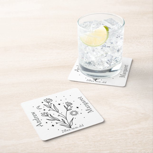 Custom Name Black & White Floral  Rechteckiger Pappuntersetzer (Vor Ort)