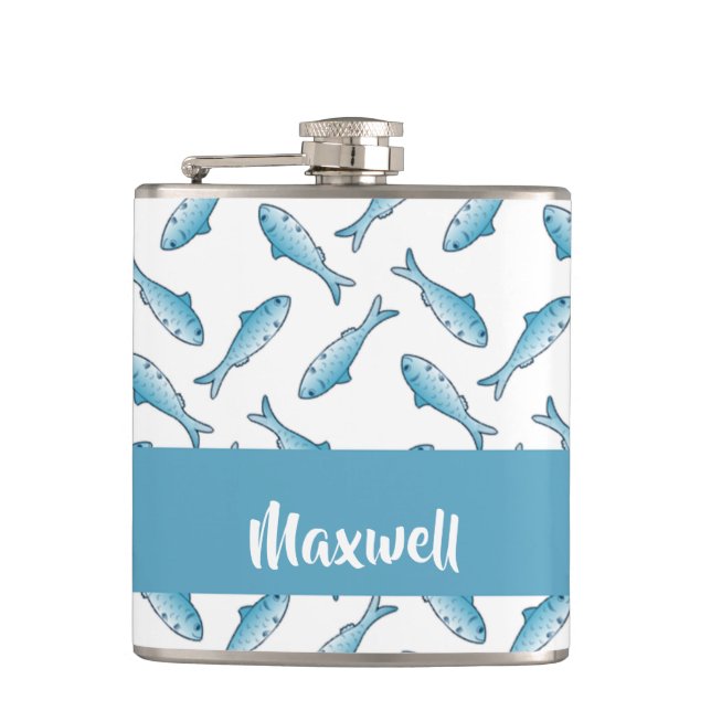 Custom name blue fish on white flachmann (Vorderseite)