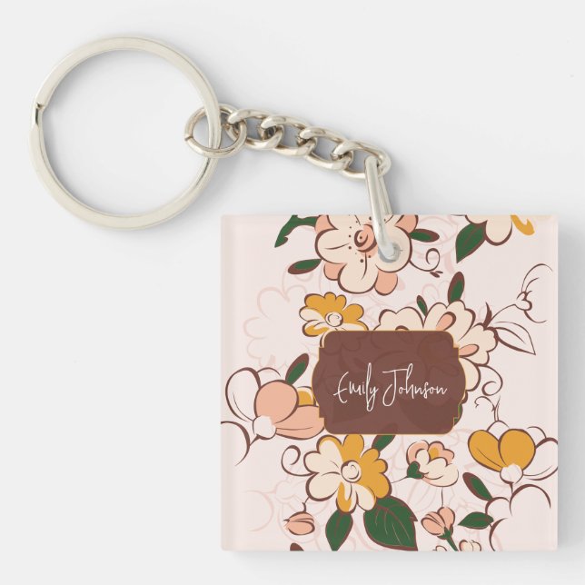 Custom Name Bohemian Peach Floral Script Name Schlüsselanhänger (Vorderseite)