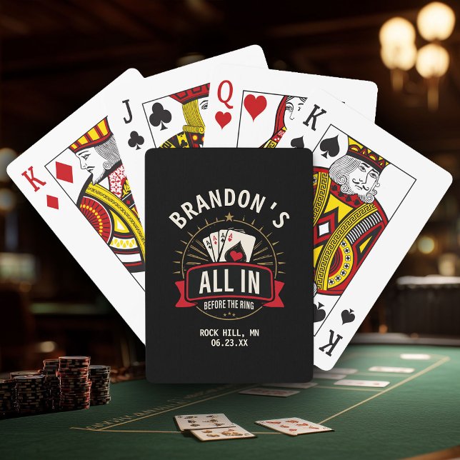 Custom Name Casino Bachelor Party Black Poker Spielkarten (Black bachelor party playing card box with gold "All In Before the Ring" poker graphic)