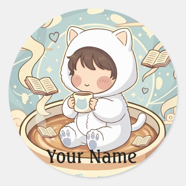 Custom Name Cat Coffee Sticker for Book Lovers (Vorderseite)