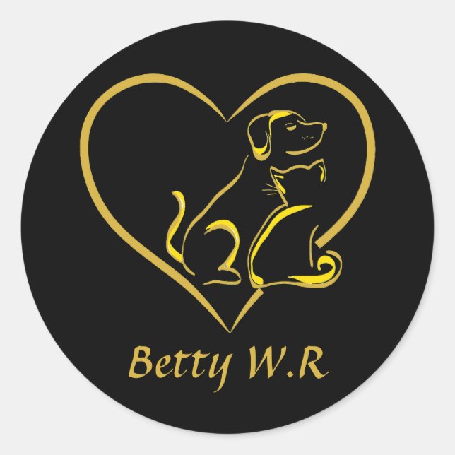 Custom Name Cat, Dog and Love Line Art Runder Aufkleber (Vorderseite)