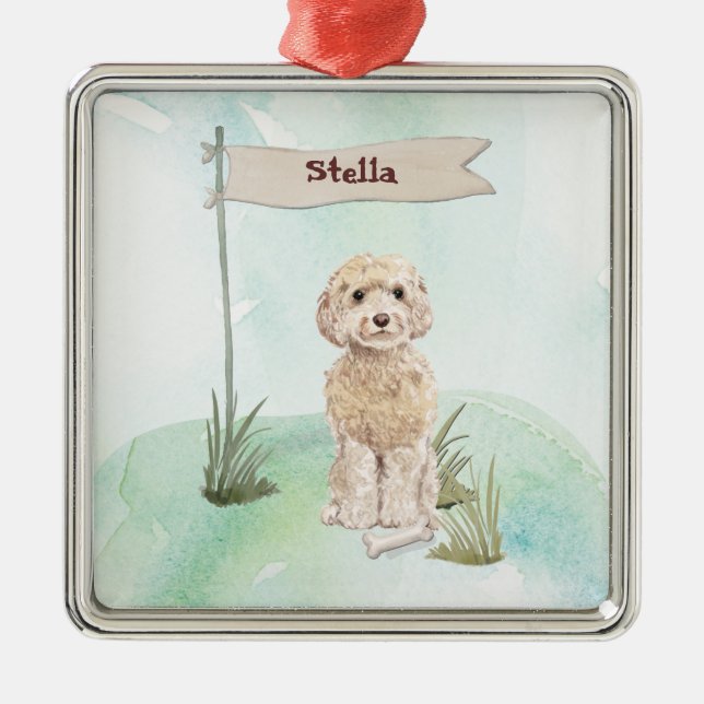 Custom Name Champagne Cockapoo Pet Dog Ornament Aus Metall (Vorne)