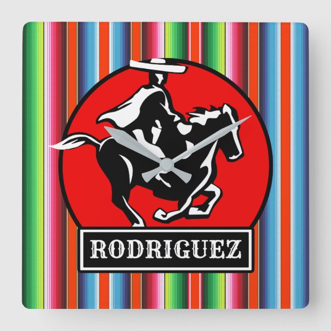 Custom NAME Charro Spanish Fiesta Mexican Serape Quadratische Wanduhr (Vorderseite)