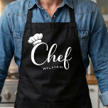 Custom Name Chef Apron for Men or Women Schürze<br><div class="desc">Simple, elegant, and timeless, this custom chef apron features a stylish script “Chef” design with a classic chef hat icon and personalized name detail. The clean black-and-white layout gives it a modern look that works beautifully for cooking, baking, grilling, meal prep, and entertaining. Suitable for home chefs, bakers, food lovers,...</div>