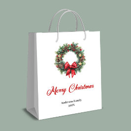 Custom name Christmas wreath bag red and green   Mittlere Geschenktüte
