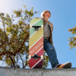 Custom Name Cool Retro Stripes Skateboard<br><div class="desc">Custom Name Cool Retro Stripes Skateboard feys your personalized name in modern white typography on rustic burgundy, red, orange and green stripes. Personalize by editing the text in the text box provided. Give a custom made gift, personalized skateboard to your favorite skateboarder for Christmas, birthday or to your BFF. Designed...</div>