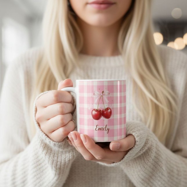 Custom Name Coquette Cherry Mug Red Bows Aesthetic (Créateur téléchargé)