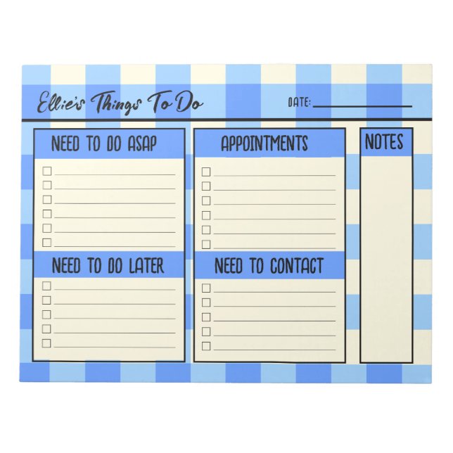 Custom Name Coworker Gift Gingham To Do Lists Notizblock (Vorderseite)