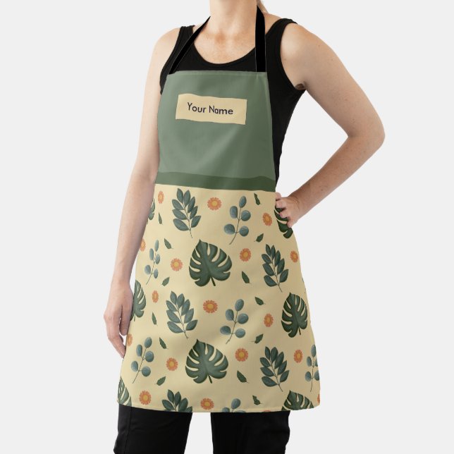 Custom Name Cream and Sage Green Botanical Apron Schürze (InSitu)