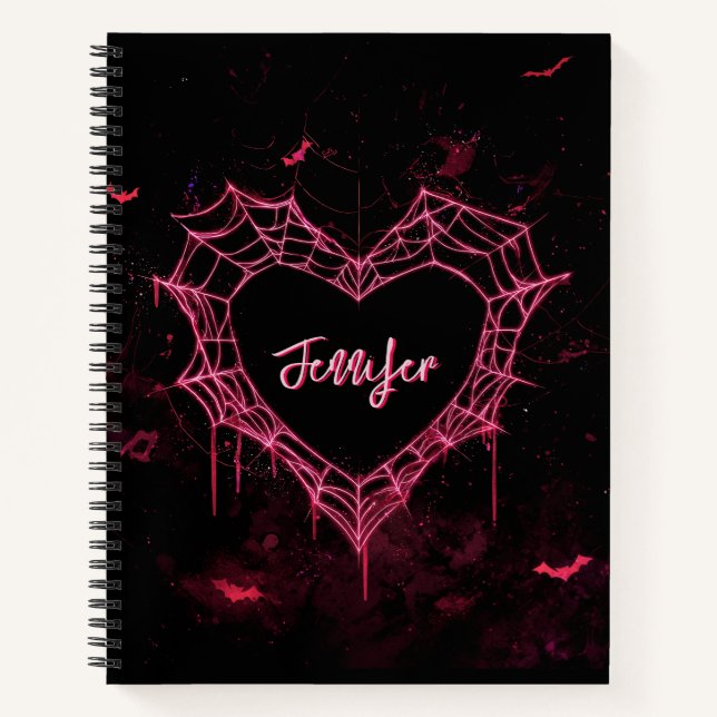 Custom Name Cute Gothic Pink Heart Spiderweb  Notizbuch (Vorderseite)