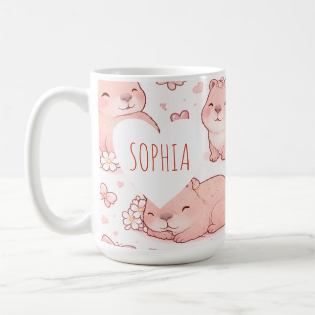 Custom Name Cute Pastel Capybara Bow Girls Kaffeetasse (Links)
