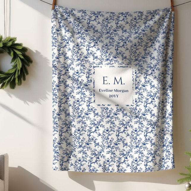 Custom Name Dusty Blue Toile Floral Cozy Blanket Sherpadecke (Custom Name Dusty Blue Toile Floral Cozy Blanket)