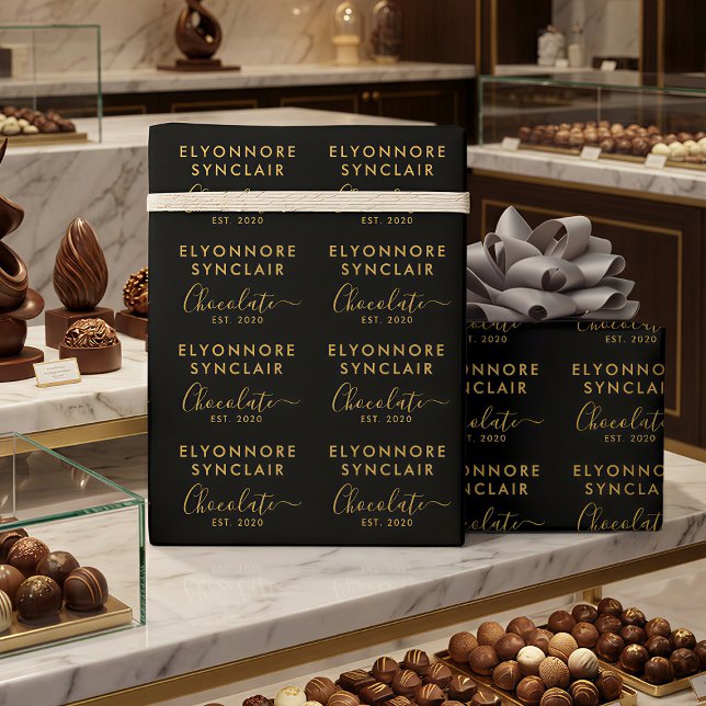 Custom Name Est Date Gold Script Chocolate Geschenkpapier (Von Creator hochgeladen)