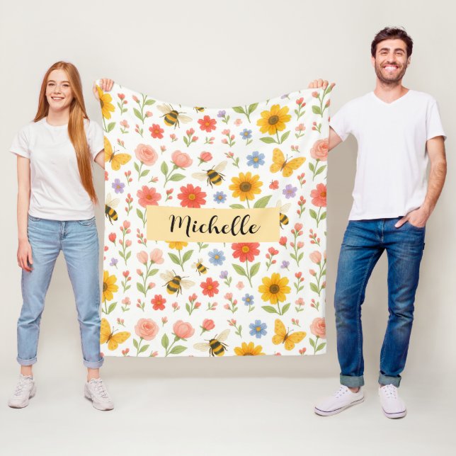 Custom Name Floral Bee Blanket Fleecedecke (Beispiel)