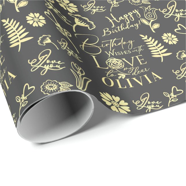 Custom Name Floral Typography Birthday Loved Ones Geschenkpapier (Rolleneckpunkt)