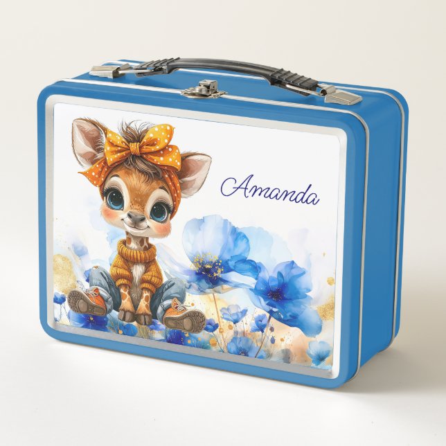 Custom Name Giraffe polka dot bow blue poppies Metall Brotdose (Vorderseite)