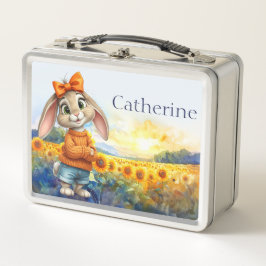 Custom Name Girly rabbit sunflower field  Metall Brotdose