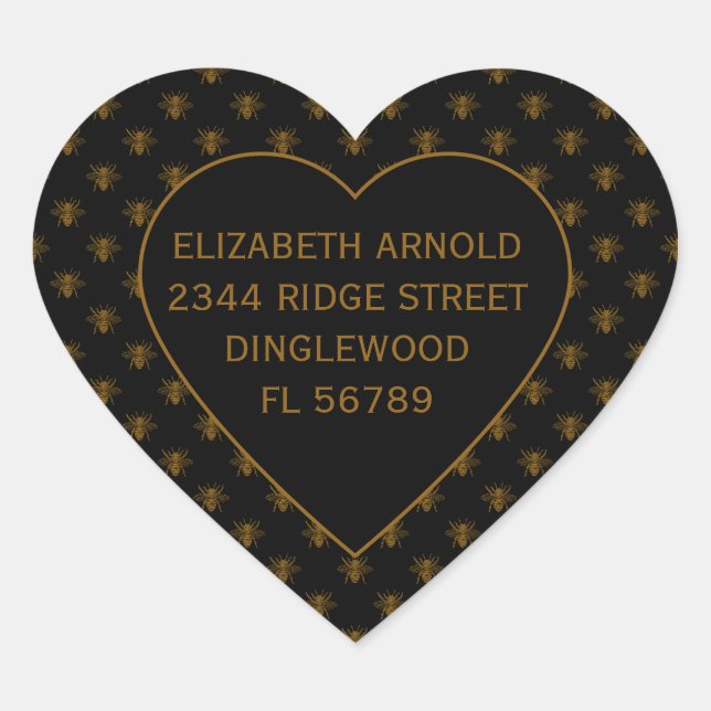 Custom Name Gold Metallic Foil Bees on Black Herz-Aufkleber (Vorderseite)