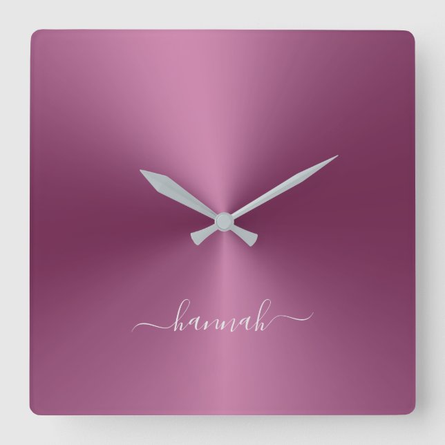 Custom Name Magenta Metallic Style Acrylic Quadratische Wanduhr (Vorderseite)