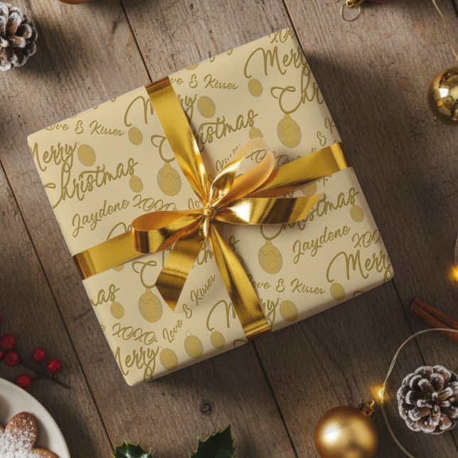 Custom Name Message Gold Christmas Wrapping Paper Geschenkpapier (Chic gold writing on cream Christmas Paper that you can customize for the special occasion. )