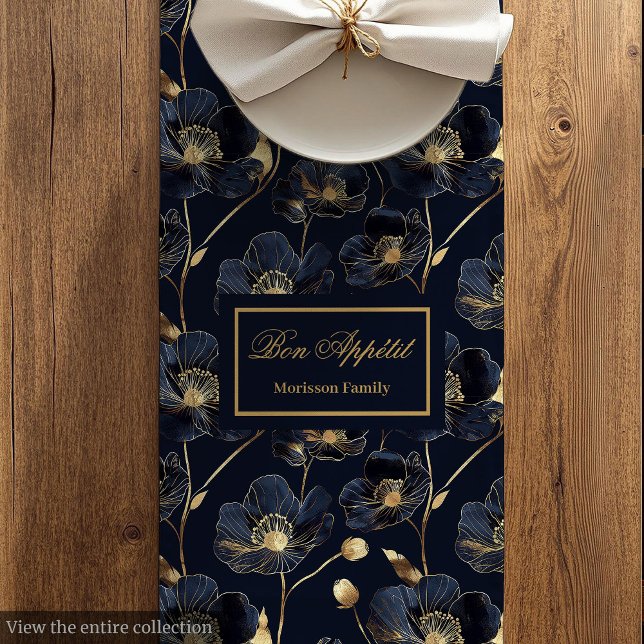 Custom Name Minimalist Floral Dining Runner Mittelgroßer Tischläufer (Navy Gold Table Runner Elegant Custom Name Monogram)