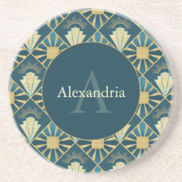Custom Name & Monogram Art Deco Teal & Gold Getränkeuntersetzer