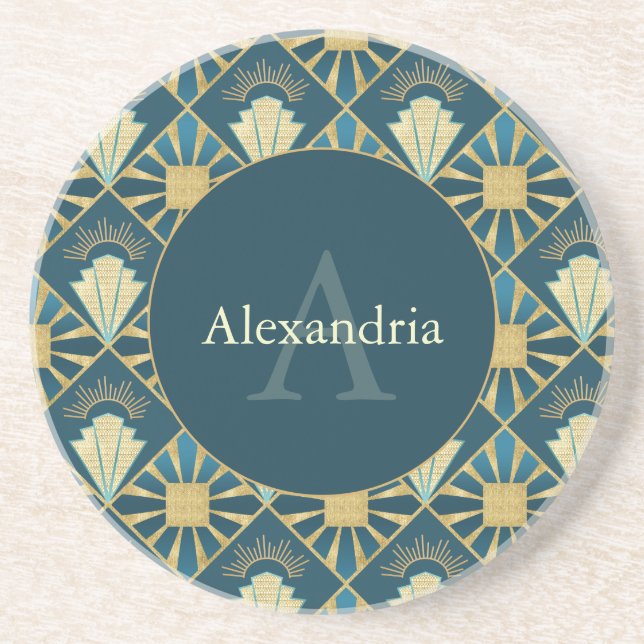Custom Name & Monogram Art Deco Teal & Gold Getränkeuntersetzer (Vorne)
