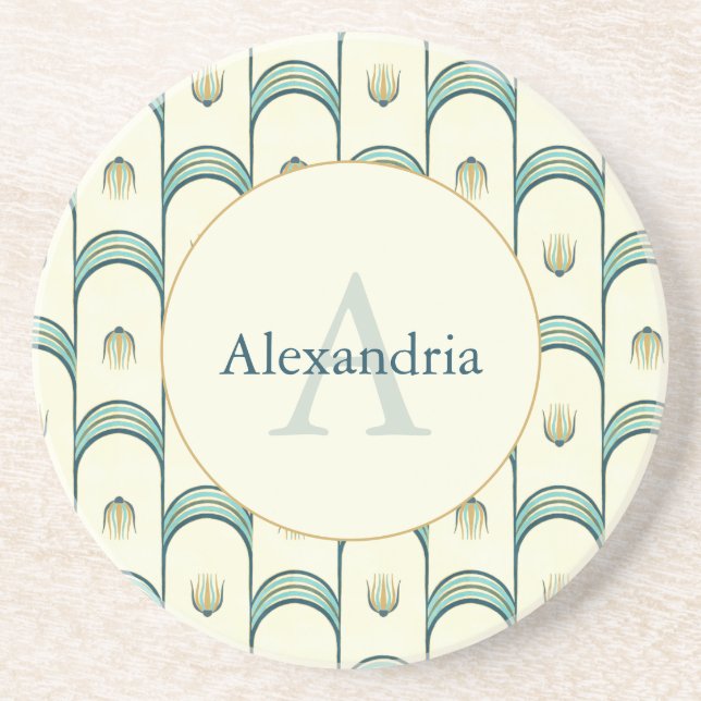 Custom Name & Monogram Art Deco Teal & Gold Getränkeuntersetzer (Vorne)