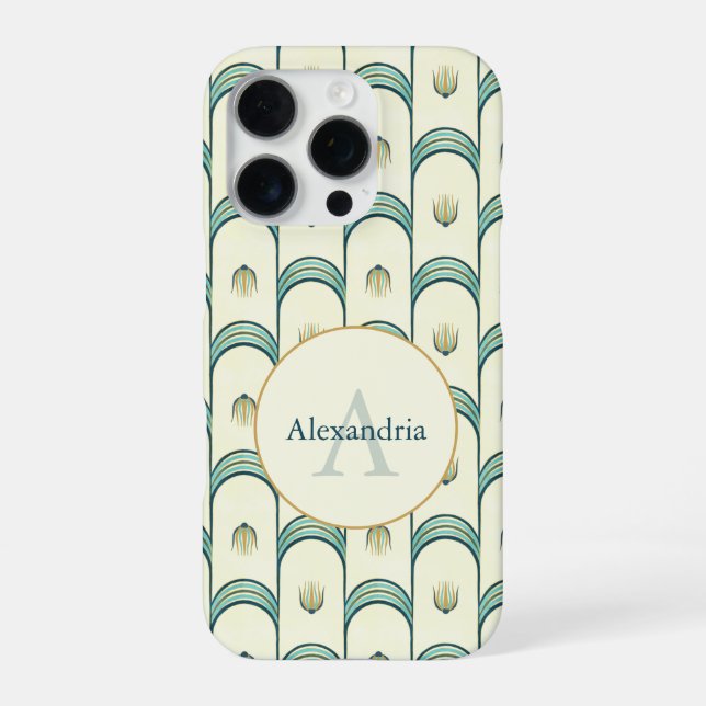 Custom Name & Monogram Art Deco Teal & Gold iPhone 16 Pro Hülle (Rückseite)