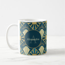Custom Name & Monogram Art Deco Teal & Gold Kaffeetasse