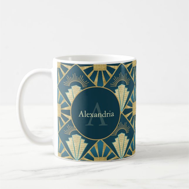 Custom Name & Monogram Art Deco Teal & Gold Kaffeetasse (Links)