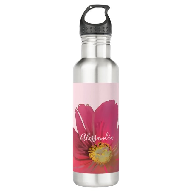 Custom Name Monogram Red Flower Pastel Pink Floral Edelstahlflasche (Vorderseite)