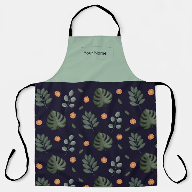Custom Name Navy Botanical Apron Schürze (Vorderseite)