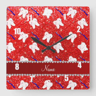 Custom name neon red glitter brushes and tooth quadratische wanduhr