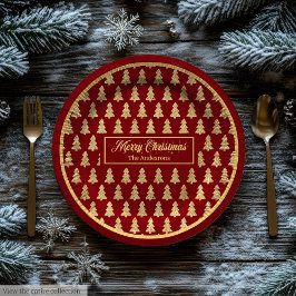 Custom Name Paper Plates Elegant Red Gold Trees Pappteller