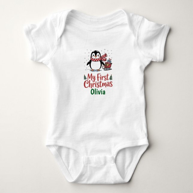 Custom Name Penguin First Christmas Design Baby Strampler (Vorderseite)