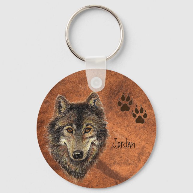 Custom Name Personalized Wolf & Tracks Keychain Schlüsselanhänger (Vorderseite)
