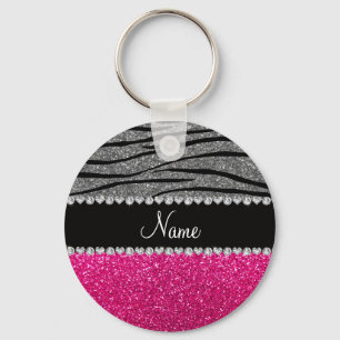 Custom name pink glitter light gray zebra stripes schlüsselanhänger