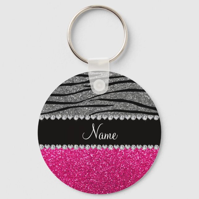 Custom name pink glitter light gray zebra stripes schlüsselanhänger (Vorderseite)