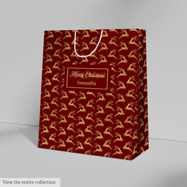 Custom Name Red and Gold Reindeer Gift Bag Mittlere Geschenktüte (Custom Name Red and Gold Reindeer Gift Bag)
