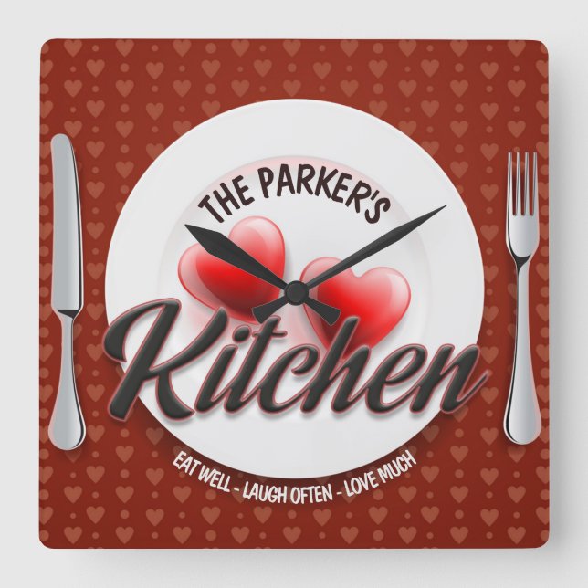 Custom NAME Red Hearts Family Diner Kitchen Quadratische Wanduhr (Vorderseite)